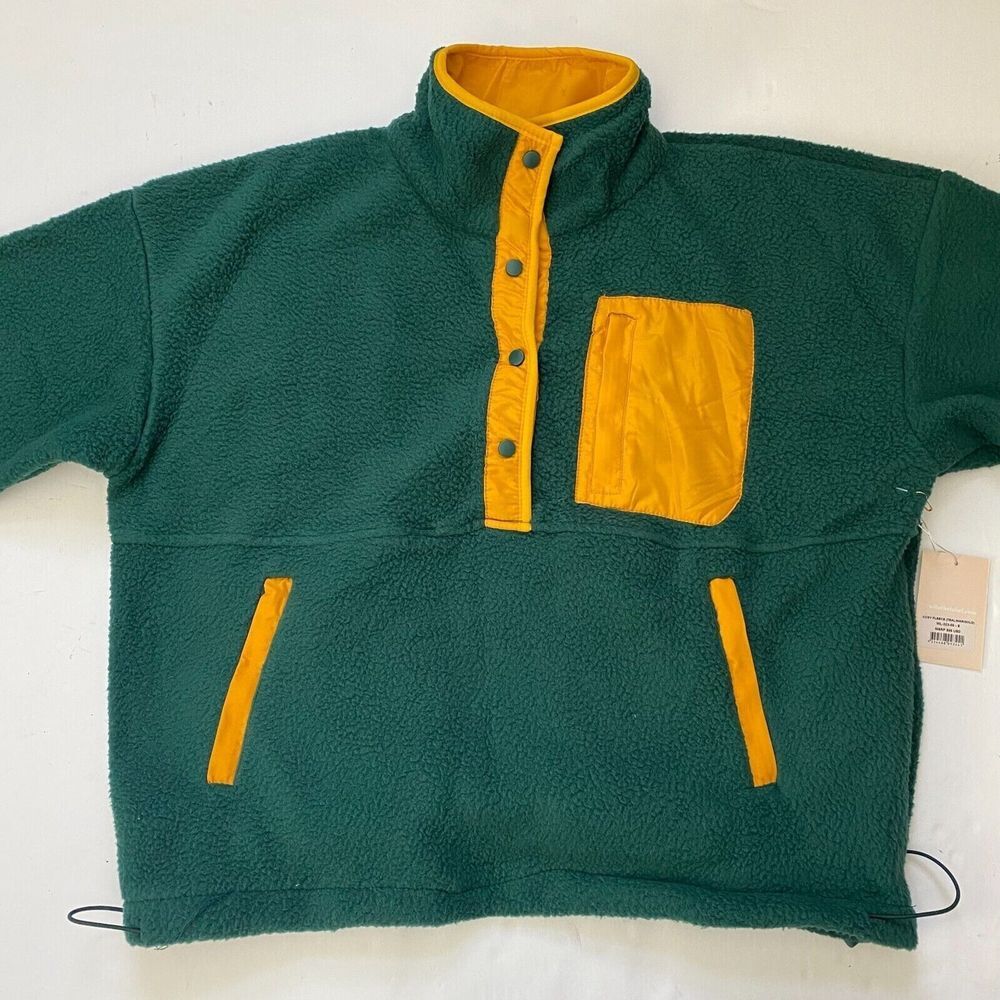 Wilo The Label Cozy Fleece Pullover, Boxy Fit, Quarter button front Green New - Picture 13 of 16